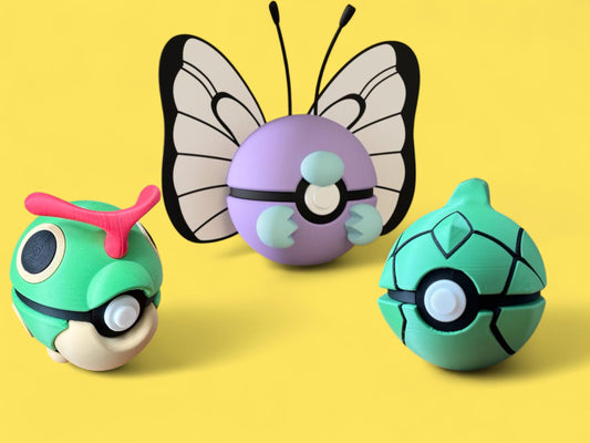 Bug-Type Evolution display Poké Ball   Caterpie, Metapod and Butterfree pokemon evolution | 3D Printed Pokeball Collectible